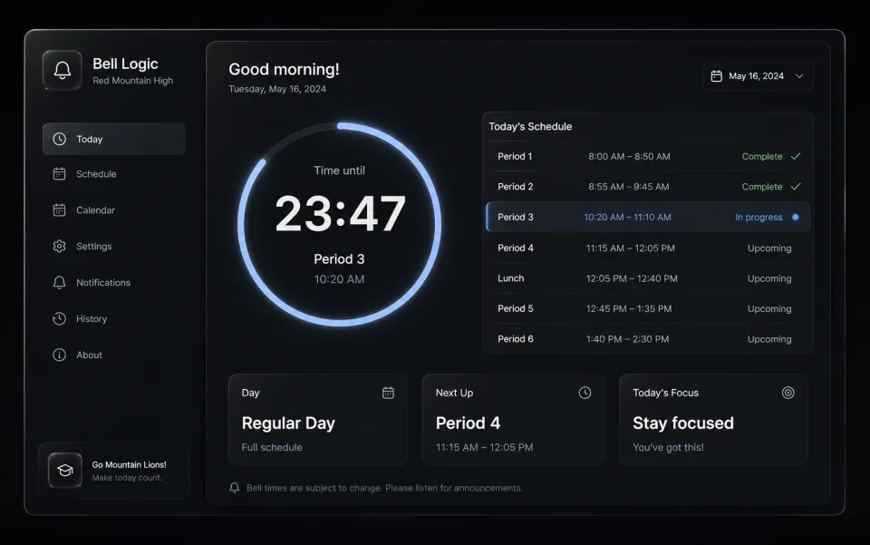 Dark Bell Logic school schedule countdown interface