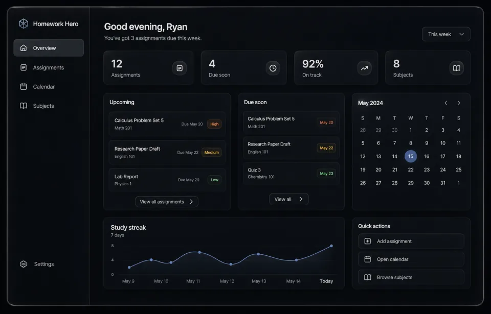Dark Homework Hero student planning dashboard
